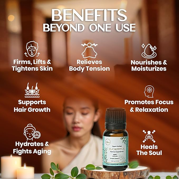 My Ace Eucalyptus Essential Oil – 100% Pure & Natural, Steam-Distilled, Undiluted Oil for Diffuser, Aromatherapy, Massage, Candle & Soap Making – Amber Glass Bottle – 0.33 fl oz MyAce