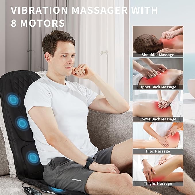 Back Massager with Heat, Massage Seat Cushion with 3D Lumbar Traction, 8 Vibrating Motors Massager Chair Pad for Full Body Pain Relief, and Home Use - Bloomnest