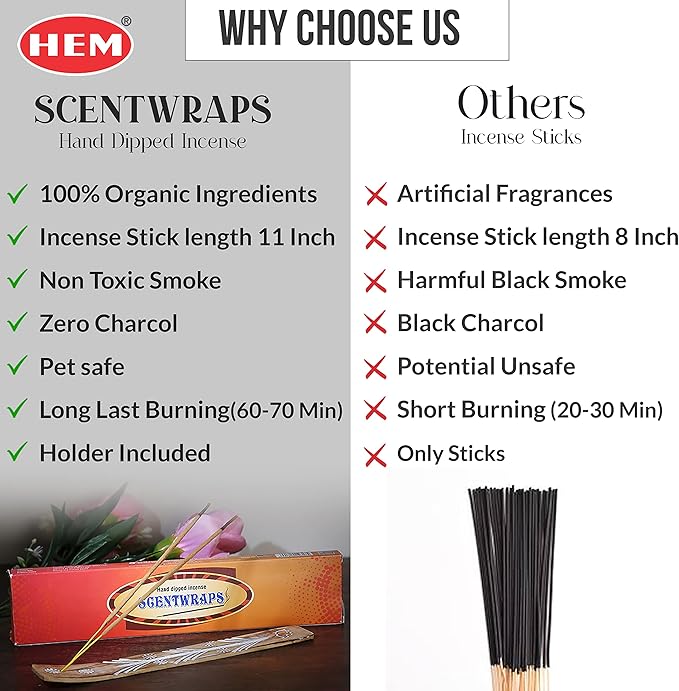 Hem Incense Sticks Variety Pack Set of 5 Packs (12 Stick x 5 Pack,60 Sticks), Hem Scentwrap 11 inches Natural Hand Dipped Insenses with Raajsee Incense Holder Bundle, Free from Chemicals Non Toxic