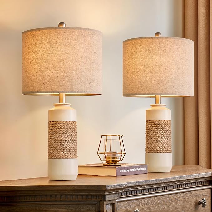 OYEARS 23.75" Bedside Table Lamps Set of 2 for Sleeping and Reading, Vintage Farmhouse Rattan Table Lamp Antique White Resin Lamp for Decoration, Office Living Room Bedside Table - Bloomnest