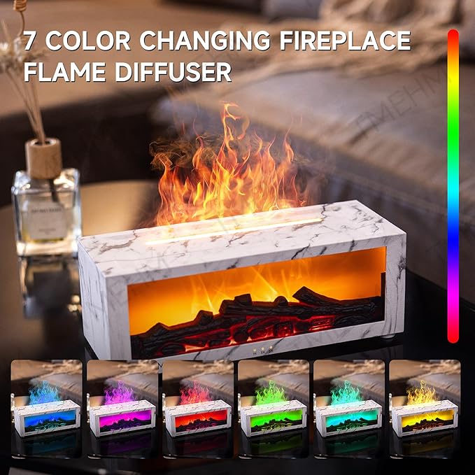 Fireplace Flame Air Diffuser Humidifier,7 Colors Aromatherapy Essential Oil Diffuser,Ultrasonic with Timer for Home,Bedroom,Office,Yoga (White Marble) - Bloomnest