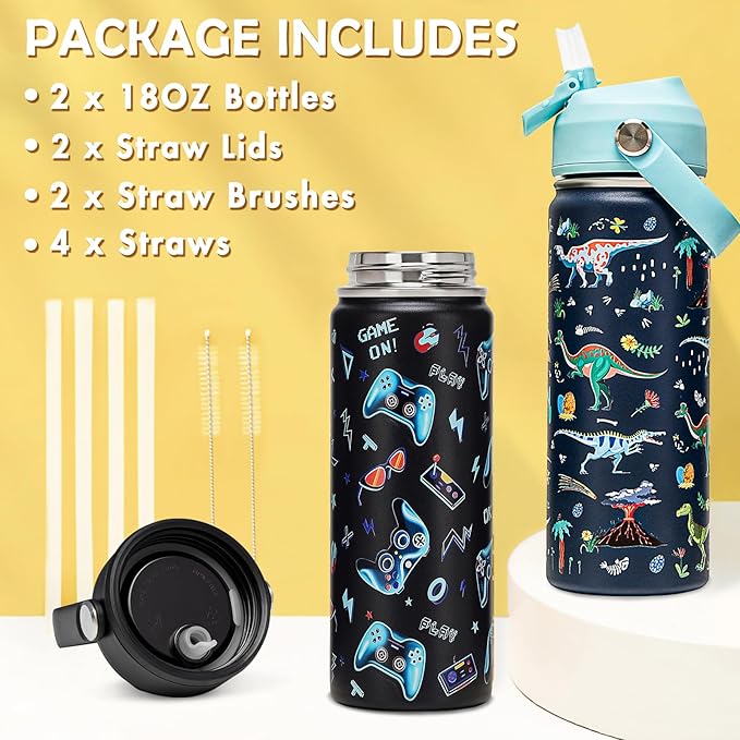 18oz Kids Insulated Water Bottle with Straw Lid - 18/8 Stainless Steel Kid Cup Travel Tumbler Double Wall Vacuum Leak Proof Portable Toddler Water Bottle (Game + Dinosaur) - Bloomnest