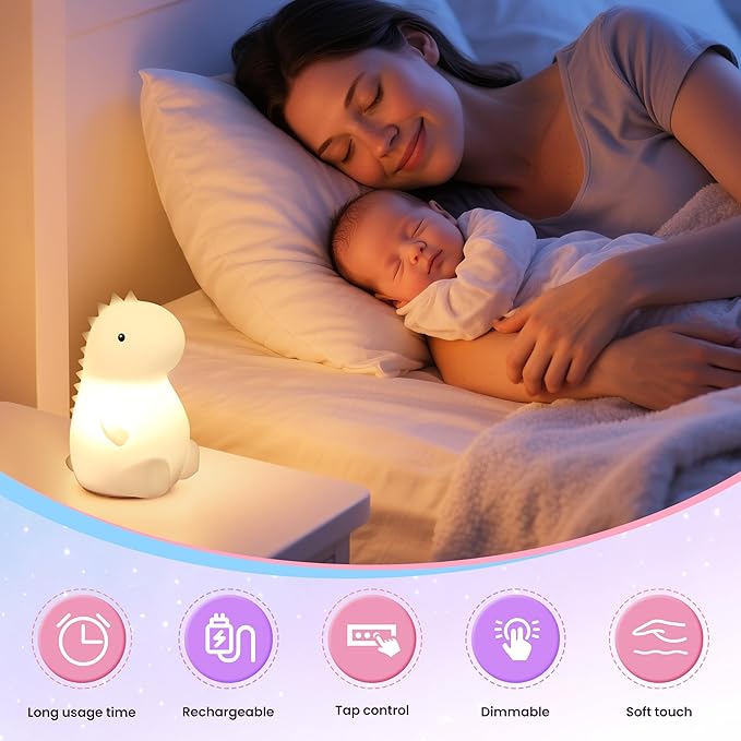 Night Light for Kids, Rechargeable Dimmable Silicone LED Nightlight with 7 Colors, Baby Nursery Night Lamp, Touch Squishy Lamp, Cute Gifts for Girls, Boys, Toddler Room Decor, Dinosaur - Bloomnest