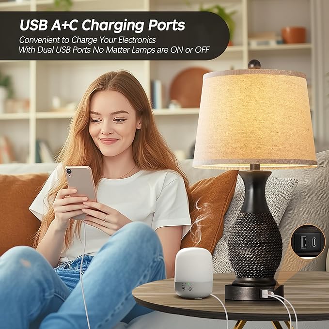 PARTPHONER Table Lamps Set of 2, Bedside Touch Lamp with USB C+A Charging Ports, Side Table Lamp with Linen Fabric Shade (LED Bulbs Included), Black with Gold Accents - Bloomnest