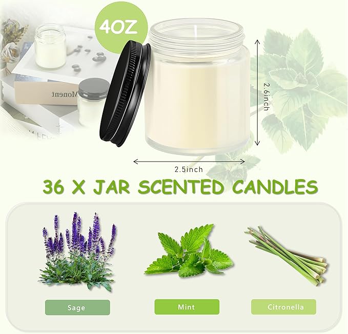 ACITHGL 36 Pcs 4oz Mini Mason Jar Candles Small Scented Candles Bulk Aromatherapy Ideal Souvenir Favors for Wedding Birthday Party (Sage, Mint, Citronella, Black) - Bloomnest