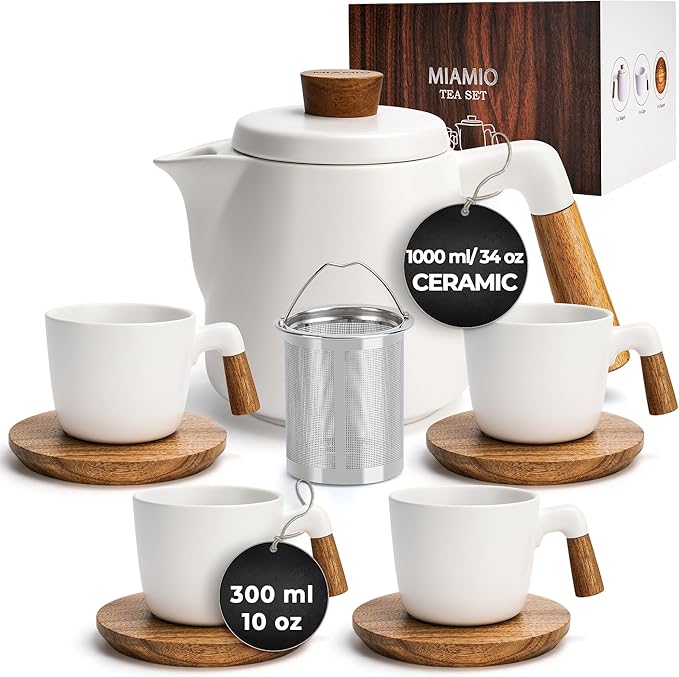 MIAMIO – 34 Oz Ceramic Tea Pot Set with Infuser and Cups/Tea Strainer, 4 Ceramic Tea Mugs (10 Oz), Bamboo Saucers/Handle for Home and Office (White) - Bloomnest