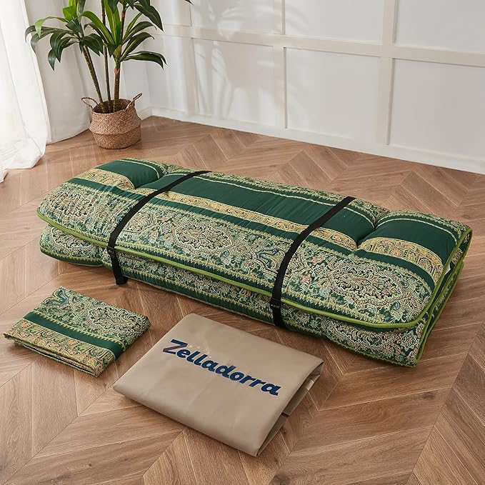 Japanese Floor Mattress, Futon Mattress with Portable Storage Bag and Washable Cover, Roll Up Thick Tatami Mat Suitable for Camping, Guest Room (Bohemian Green, Twin) - Bloomnest