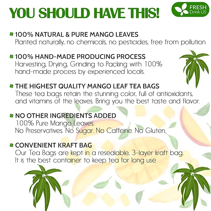 FreshDrinkUS Premium 60 Mango Leaf Tea Bags, 100% Natural & Pure. Loose Leaf Herbal Tea. No Sugar, No Caffeine, No Gluten, Vegan - Bloomnest