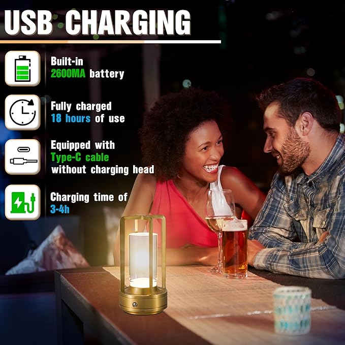 Portable Metal Table Lamp,Cordless Table Lamp, Rechargeable Battery Operated Lights, LED Table Lamps, 3 Color Stepless Dimming Touch, for Bedroom Restaurant Home Outdoor (Golden) - Bloomnest