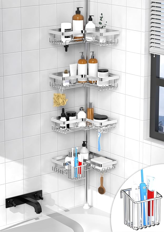 KEGII Shower Caddy Corner Tension Pole - Adjustable Corner Shower Organizer with Tooth Brush Holder, No Drilling Rustproof Bathroom Shelf Storage Rack, Fits 25-114.2 Inch, Silver - Bloomnest