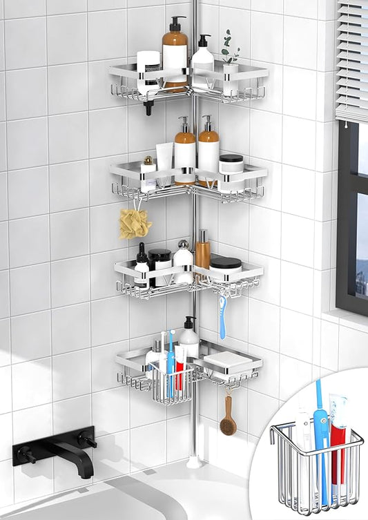 KEGII Shower Caddy Corner Tension Pole - Adjustable Corner Shower Organizer with Tooth Brush Holder, No Drilling Rustproof Bathroom Shelf Storage Rack, Fits 25-114.2 Inch, Silver - Bloomnest