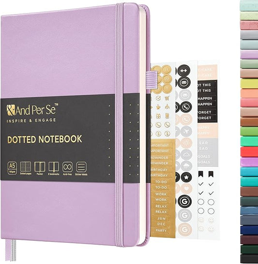 &And Per Se Dotted Journal Notebook, A5 Hardcover Leather Bullet Dotted Journal, 160 Pages 100 gsm Thick Paper, 3 Sheets of Stickers Included- 5.7'' x 8'' (Light lavender)