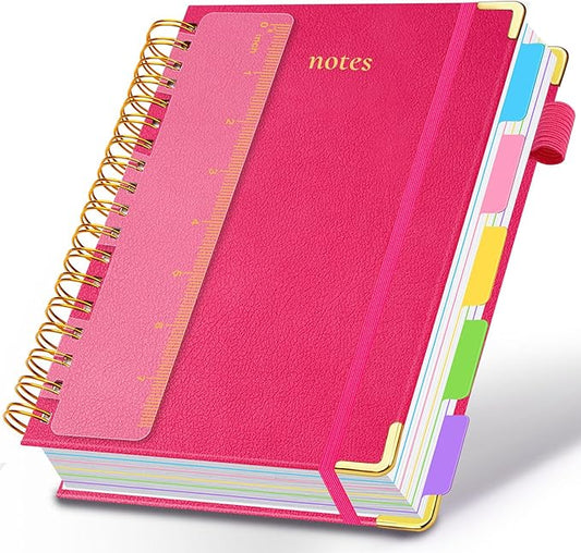 Hardcover Spiral Notebook 6.2"x 8.2" Journal Notebook with Tabs and Removable Dividers 300 Pages 5 Subject Notebook College Ruled, Faux Leather Spiral Bound Notebook for Women School Work(Rose Red) - Bloomnest