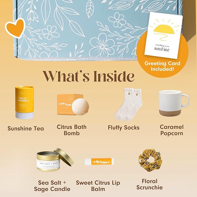 Unboxme Sunshine Gift For Women | Self Care Package with organic herbal tea, fluffy cloud socks, ceramic mug, citrus bath bomb , beeswax lip balm, a fun floral scrunchie + a sending hugs card - Bloomnest
