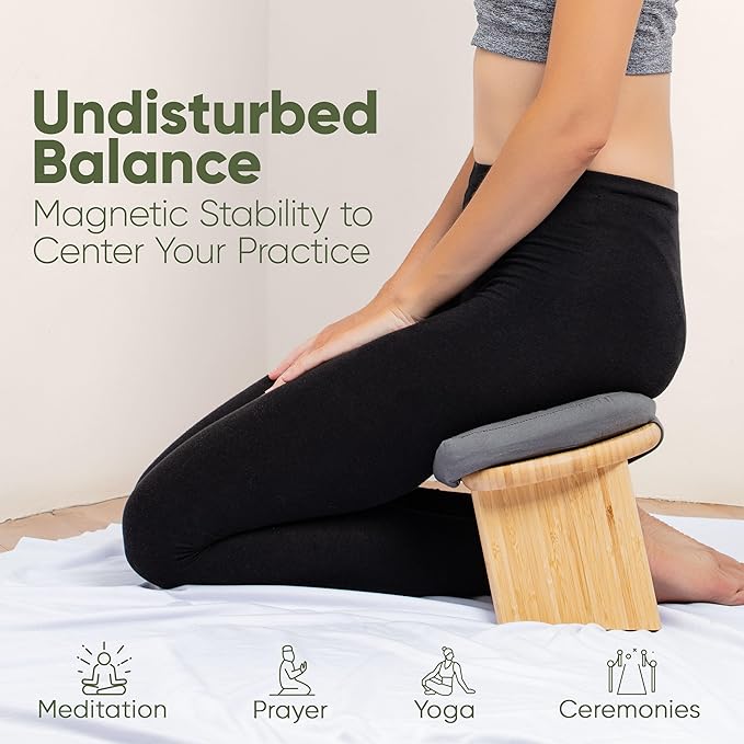 Meditation Chair w/ Extra Thick Cushion - Portable Bamboo Meditation Bench w/ Magnetic Locking Hinge - Anterior Tilt Seiza Bench Ideal for Comfortable & Stable Meditation - Sleek Canvas Kneeling Chair - Bloomnest