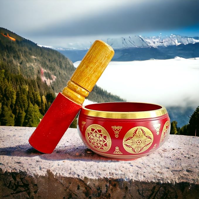 Nature's Own Tibetan Singing Bowl Set- Easy to Play- Meditation Sound Bowl Handcrafted in Nepal for Yoga, Mindfulness, Chakra Healing, Stress Relief- Spiritual Gifts for Women and Men (3.5 Inch, Red) - Bloomnest