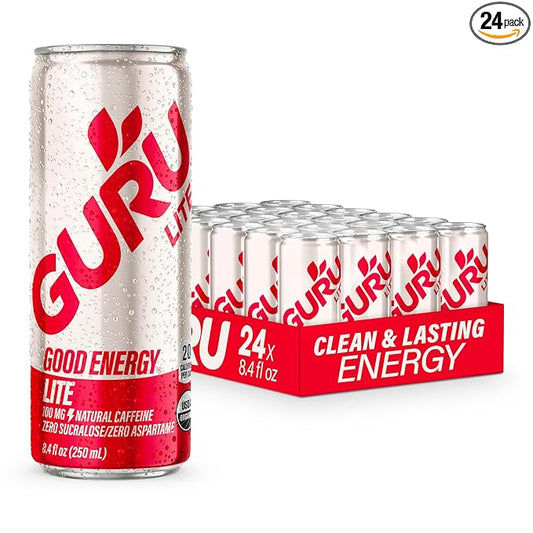 GURU Lite Organic Energy Drinks, Clean Energy Drink with Plant Based Natural Caffeine from Green Tea, Low Calorie, Gluten Free and Vegan, 100MG Caffeine, Healthy Drinks, 8.4oz (Pack of 24) - Bloomnest