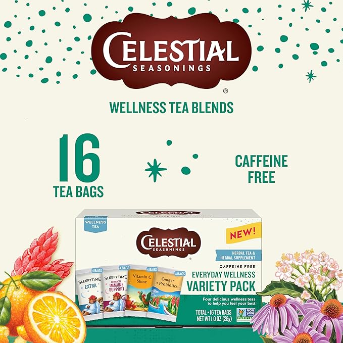 Celestial Seasonings Everyday Wellness Tea Variety Pack, Caffeine Free, 16 Tea Bags Box - Bloomnest