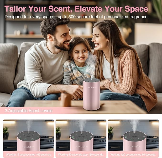 Waterless Essential Oil Diffuser Starter Kit - No Water Needed, Battery Operated Mini Scent Air Machine, Included 3x20ML Essential Oils, Portable Aromatherapy Diffuser for Home & Car & Office, Pink - Bloomnest