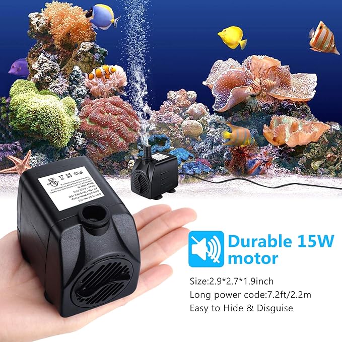CWKJ Fountain Pump, 220GPH(15W 900L/H) Submersible Water Pump, Durable Outdoor Fountain Water Pump with 7.2ft（2.2m） Power Cord, 3 Nozzles for Aquarium, Pond, Fish Tank, Water Pump Hydroponics - Bloomnest