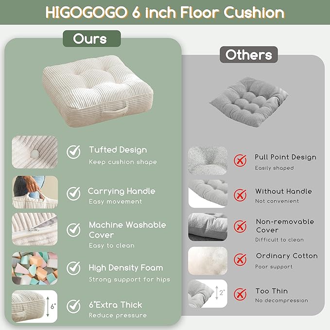 6" Washable Floor Pillow Cushion for Adults, Meditation Cushion Pillow, Large Square Floor Sitting, Removable Tufted Corduroy Cover, for Tatami Living Room or Yoga, 22x22 Inch, 2Pack, Machine Washable - Bloomnest