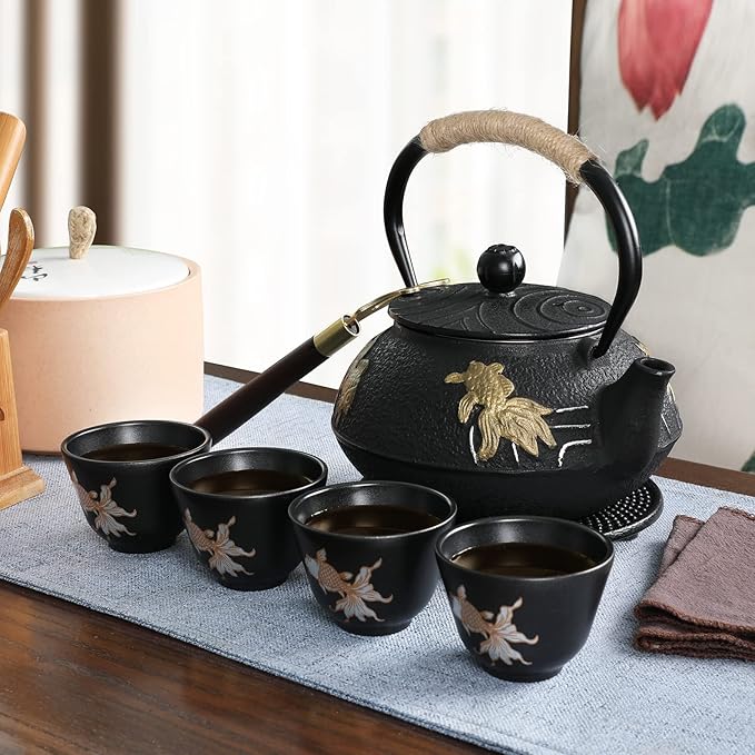 RekRang Hand-Painted Goldfish Cast Iron Teapot Set,Japanese Cast Iron Tea Kettle Set with Removeable Infuser and 4 Stainless Steel Cups,Traditional Tetsubin Tea Pot Sets for Stovetop 750ml/26oz - Bloomnest