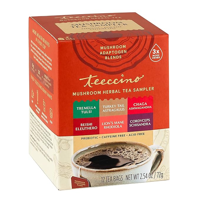 Teeccino Mushroom Herbal Tea - Mushroom Adaptogen Tea Sampler - 12 Tea Bags - Support Your Health With Mushrooms and Adaptogenic Herbs, Prebiotic, Caffeine Free, Acid Free - Bloomnest