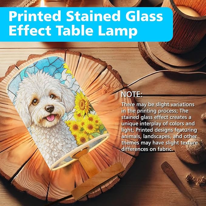 Bichon Frise Table Lamp LED 3-Color Pressed Bedside, Dog Shade Lamp with Wood Base for Bedroom Living Room Desk Office - Bloomnest