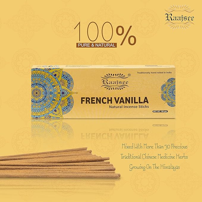 Raajsee Vnilla Incense Sticks 100 Gm Pack-100% Natural Insence Sticks -Organic Non Toxic - Charcoal Free - for Church,Aroma Therapy,Relaxation,Meditation RAAJSEE