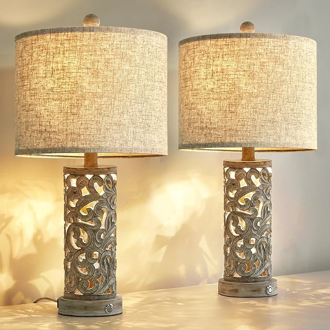 OYEARS 3-Way Dimmable 22'' USB A+C Touch Control Table Lamp Set of 2 with Nightlight for Living Room Bedroom Farmhouse Bedside Nightstand Lamps (Bulb Included) - Bloomnest