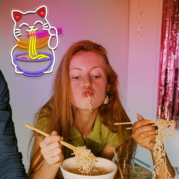 Fortune Cat Ramen Neon Sign, Japanese Noodle Neon Light Sign, Dimmable Lucky Cat LED Neon Lights for Wall Decor Restaurant Kitchen Ramen Shop Bar Room Gifts - Bloomnest