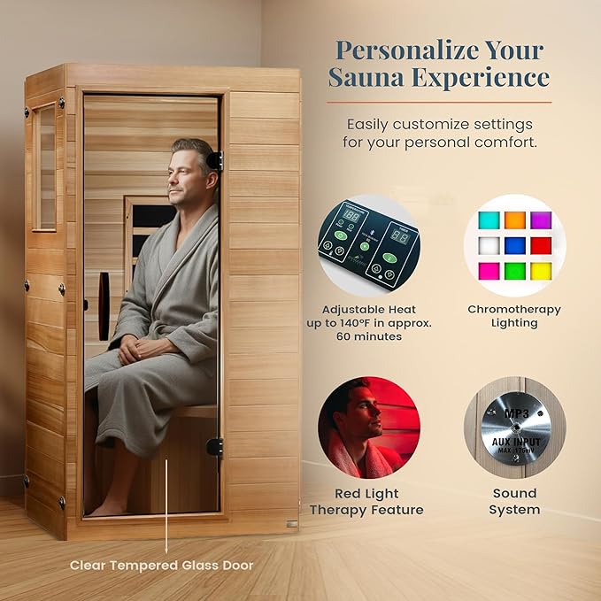 DYNAMIC SAUNAS Elite 1 Person Compact Ultra Low EMF FAR Infrared Sauna with Red Light Therapy & Bluetooth Speakers - Personal Indoor for Home & Gym DynamicSaunas