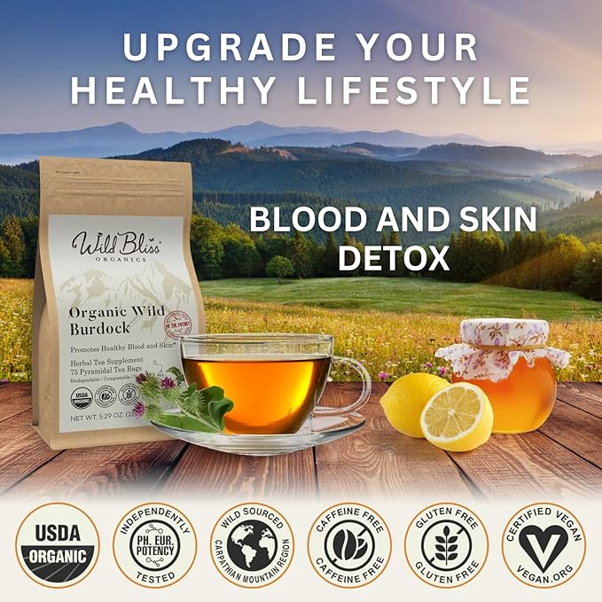 Wild Bliss Organic Burdock Root Tea - Caffeine Free Herbal Detox Support - Pharmacopoeia Quality - 75 Plant Based Tea Bags - Bloomnest