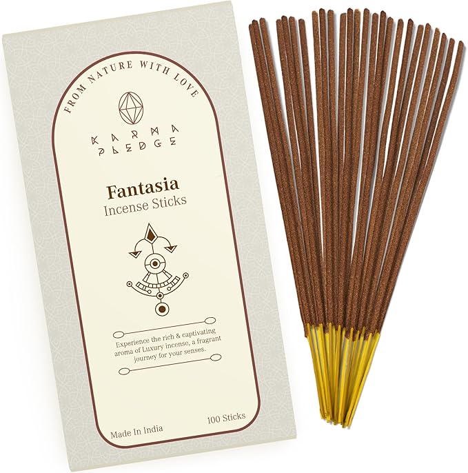 Fantasia Incense Sticks, Organic Hand Dipped 100 Sticks with Natural Herbs & Aromatic Ingredients, Burn Time 45 to 60 Minutes, Incense for Positivity, Yoga, Meditation, Relaxation, Spiritual Gift KARMAPLEDGE
