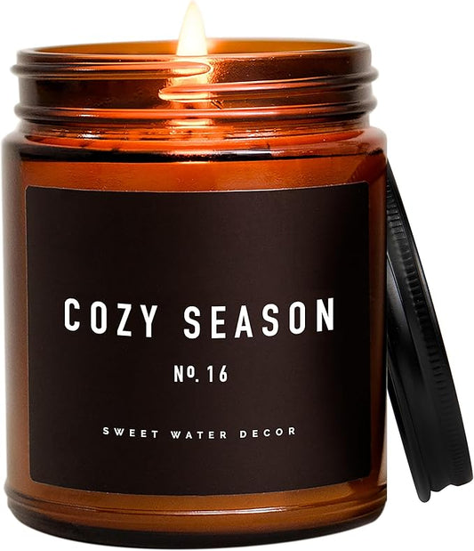 Sweet Water Decor Cozy Season Soy Candles - Fall Candles with Woods, Warm Spice, and Citrus Scent for Home Decor - Soy Candle with 40 Hours Burn Time - 9Oz Black Lid Amber Jar Candles Fall Scents - Bloomnest