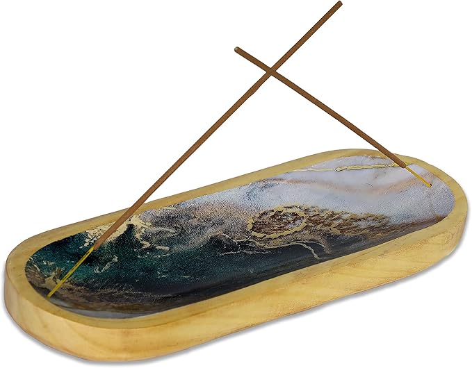 Bless-International Traditional-Handmade-Tray-Burner Wooden-Trat-Incense-Stick-Holder Ash-Catcher-Stand for-Aromatherapy-Meditation-Yoga (Green White Agate, 11x4x1.22 Inches) - Bloomnest