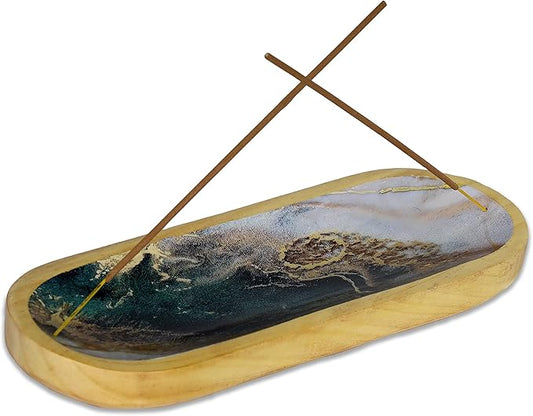 Bless-International Traditional-Handmade-Tray-Burner Wooden-Trat-Incense-Stick-Holder Ash-Catcher-Stand for-Aromatherapy-Meditation-Yoga (Green White Agate, 11x4x1.22 Inches) - Bloomnest
