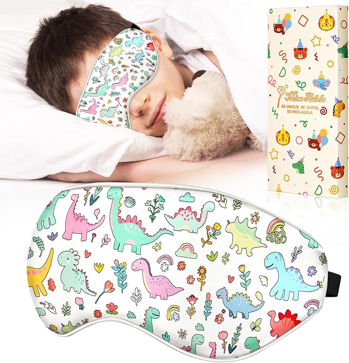 Kids Sleep Mask - Silk Eye Mask for Kids Cute Cartoon Cool Kawaii Soft Smooth Lightweight Boys Girls Teens Sleeping Mask with Adjustable Straps, Dinosaur - Bloomnest