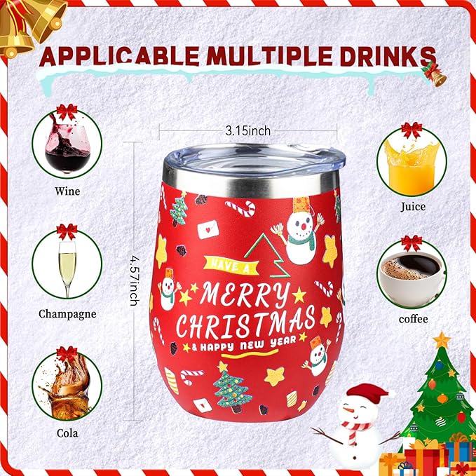 12oz Christmas Wine Tumbler with Lid and Straw,Stainless Steel Insulated Stemless Wine Tumbler Double Wall Vacuum Wine Cups Tumbler Christmas Gifts for Women Men(Xmas Elements,2) - Bloomnest