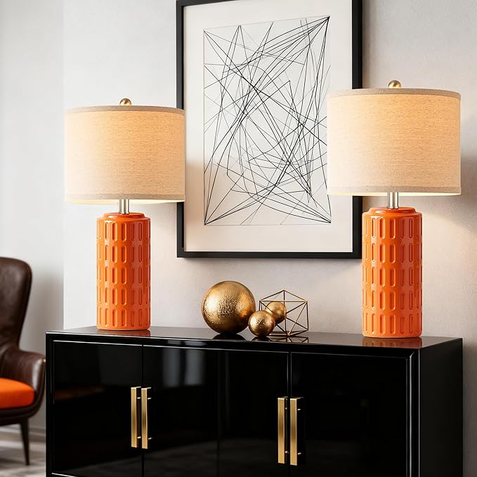 PARTPHONER 23" Farmhouse Modern Ceramic Table Lamp Set of 2 - Orange Bedside Lamps for Bedroom & Living Room, Nightstand, Desk, End Table - Bloomnest