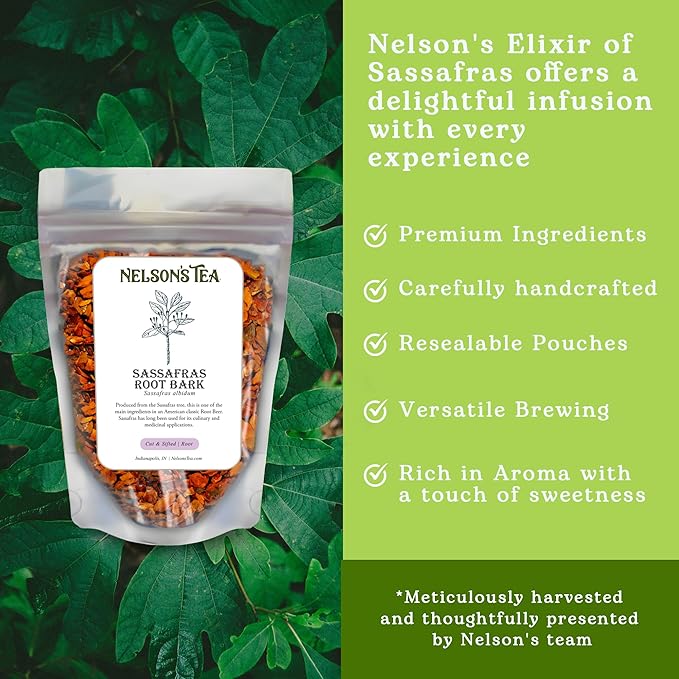 Nelson’s Tea - Sassafras Root Bark Cut & Sifted - Caffeine Free - Classic Root Beer Herbal Blend Tea, Premium Sassafras Albidum Aroma for Brewing, Mixing & Wellness, Freshly Packed Resealable Bag -1oz - Bloomnest