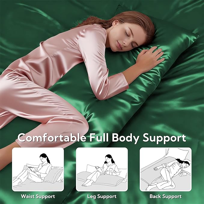 MR&HM Satin Body Pillow Cover, Soft and Breathable Body Pillow Case with Envelope Closure, Cooling and Silky Long Pillowcase for Hair and Skin (20x54, Dark Green) - Bloomnest