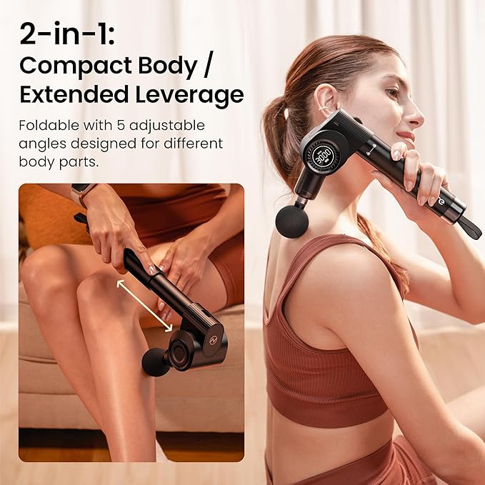 Foldable Massage Gun Deep Tissue with 5 Adjustable Angles,Portable Percussion Back Massager for Muscle/Neck/Body Pain Relief with Long Extension Metal Handle,32-Speeds,with Carry Case - Bloomnest
