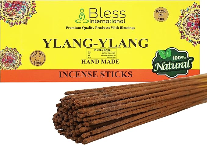 Bless-YLANG-YLANG 100%-Natural-Handmade-Hand-Dipped-Incense-Sticks Organic-Chemicals-Charcoal-Free Purification-Relaxation-Positivity-Yoga-Meditation Best-Woods-Scent (100 Sticks(5.25 OZ)) BlessInternational