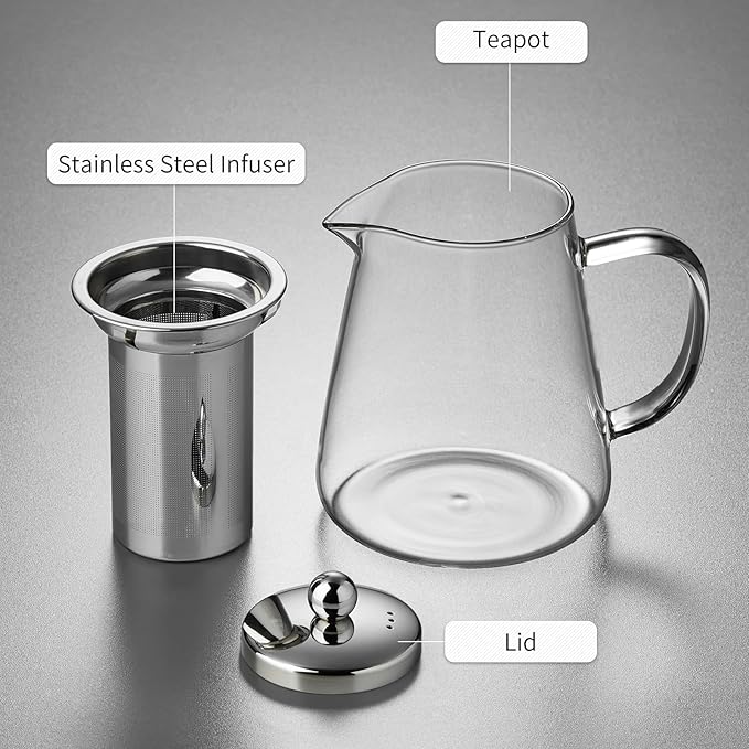 Glass Tea Pot 950ML, Borosilicate Glass Tea Kettle with Detachable Stainless Steel Infuser, Clear Teapot for Loose Leaf Tea, Blooming Tea, Tea bags 32oz - Bloomnest