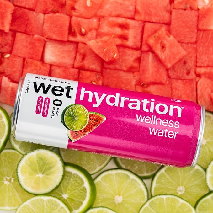 Wet Hydration | Functional Wellness Water, Non-Carbonated - Watermelon Lemon Lime (12 Ounce Cans, Pack of 12) - Flavored Water, Hydration Drink, No Sugar, No Artificial Ingredients, Zero Calories - Bloomnest