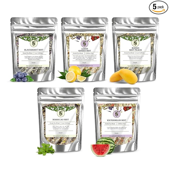 Nelson's Tea Mint Sampler Pack - 5 Flavors Variety Pack - Loose Leaf Tea Sampler - BlackberryMint, Lemon Ginger Mint, MangoMint Peach, MoroccanMint, WatermelonMint - Sample Sizes - Bloomnest