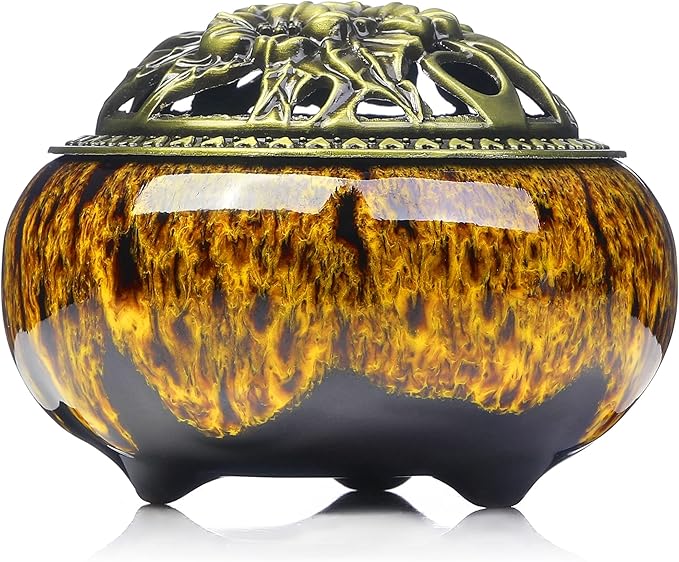 Incense Burner with Calabash Incense Stick Holder - Porcelain Charcoal Censer for Use with Resin Granular Powder Cone or Coil Incense (Kiln-Colored Yellow) - Bloomnest