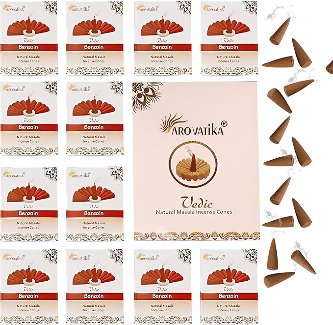 ARO VATIKA Vedic Benzoin Natural Masala 120 Incense Cones in Pack of 12 Boxes | Environment-Friendly Dhoop | Best for Prayer, Reiki, Meditation & Relaxation | Burn time- 25 mins AROVATIKA