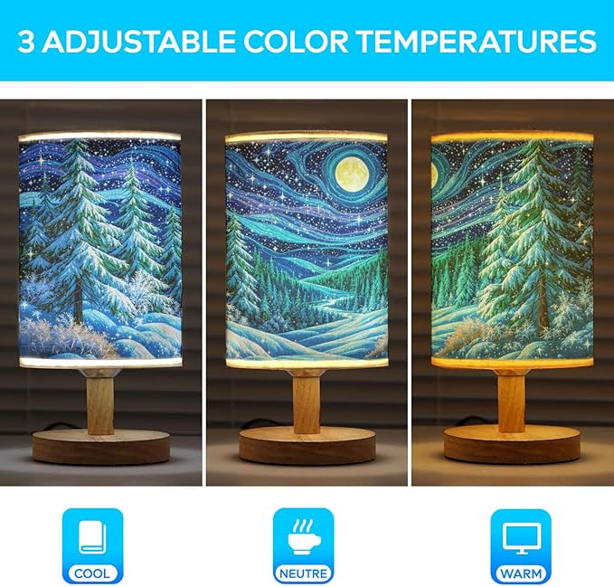 Snowy Pine Forest Table Lamp LED 3-Color Pressed Bedside for Merry Christmas, Snowy Pine Forest Shade Christmas Table Lamp with Wood Base for Bedroom Living Room Desk Office - Bloomnest